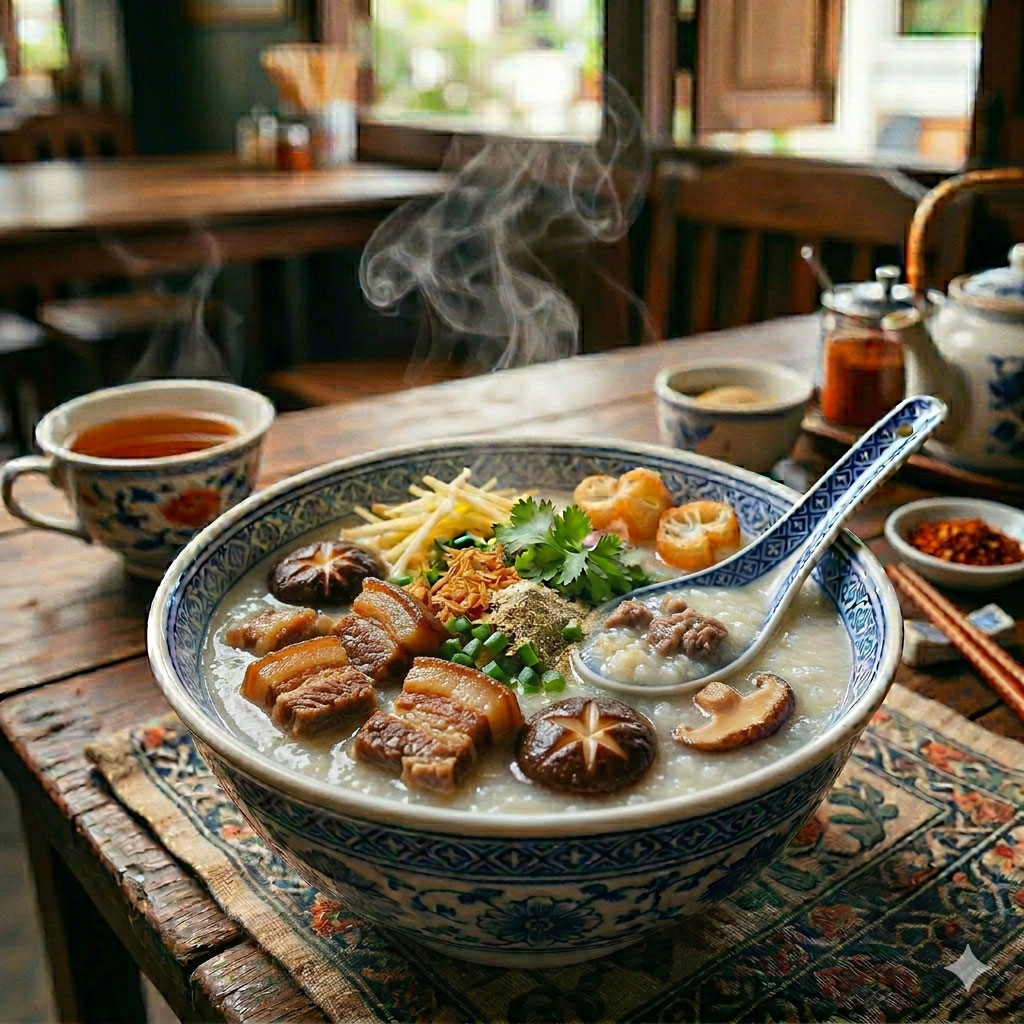 โจ๊กหมูสามชั้นตุ๋น หมูบด เห็ดหอม ปาโก๋